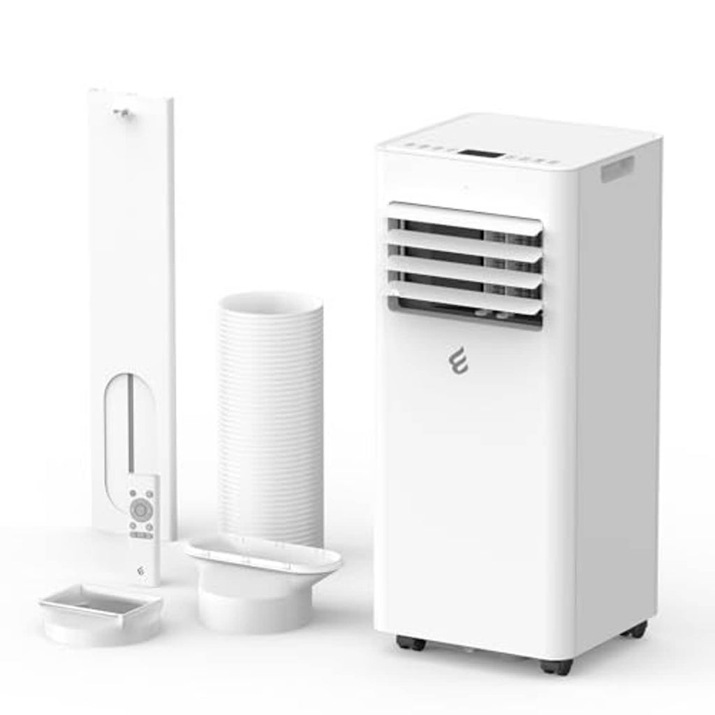 White portable air conditioner with window kit parts beside it
