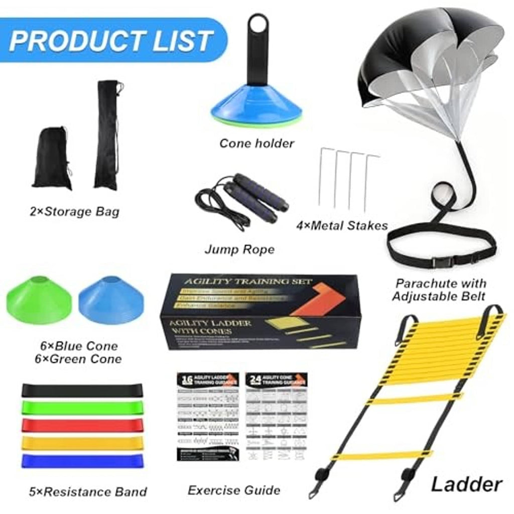 Agility training equipment set with yellow ladder, jump rope, parachute, and cones