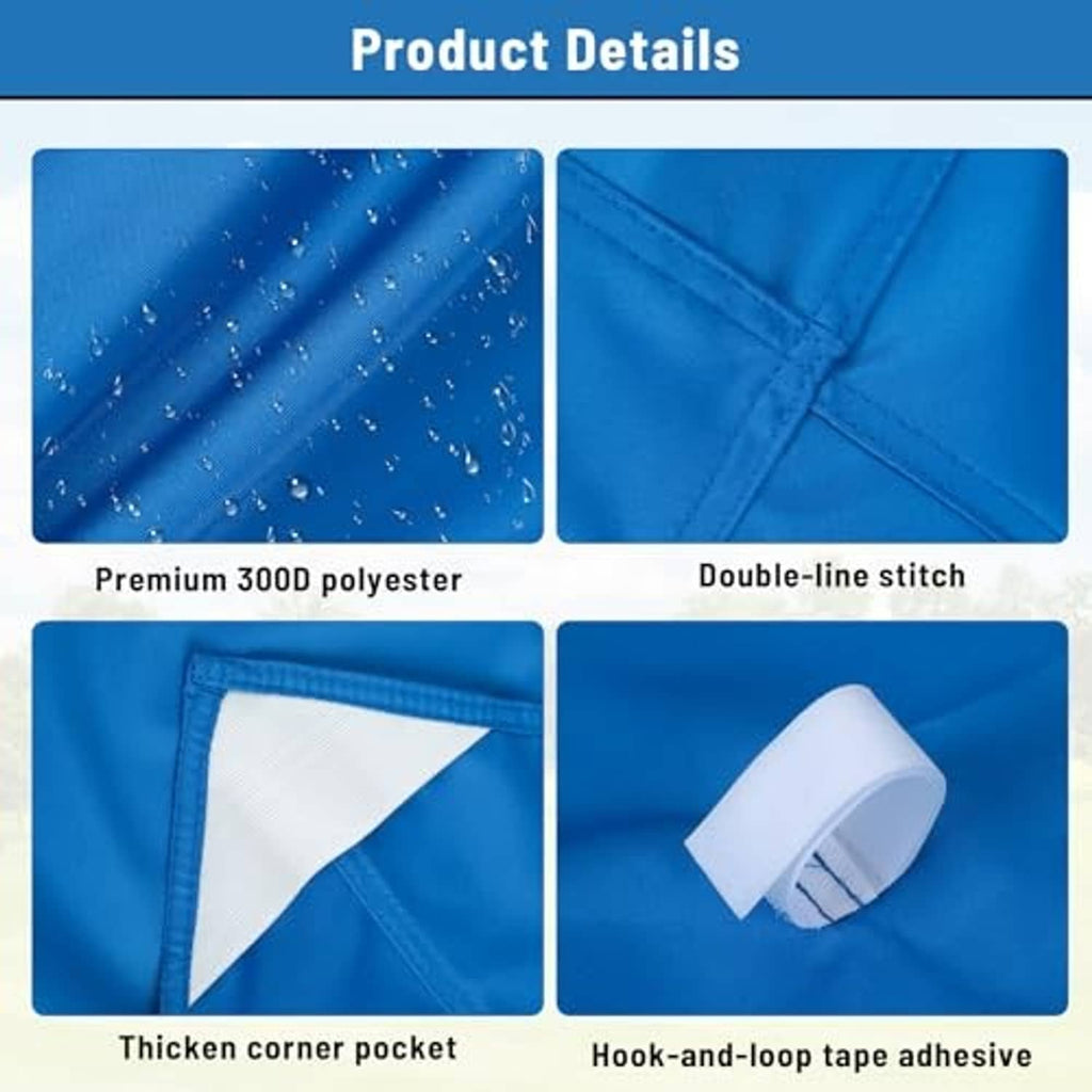 Blue polyester canopy fabric with double stitching, corner pocket, and hook tape
