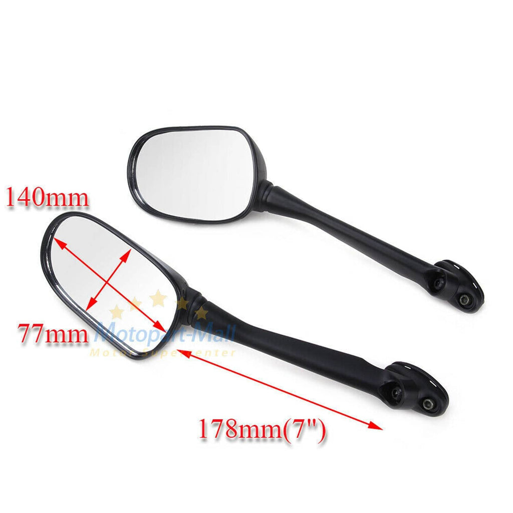 Motorcycle mirror dimensions diagram showing clear oval mirror glass and black arm sizes