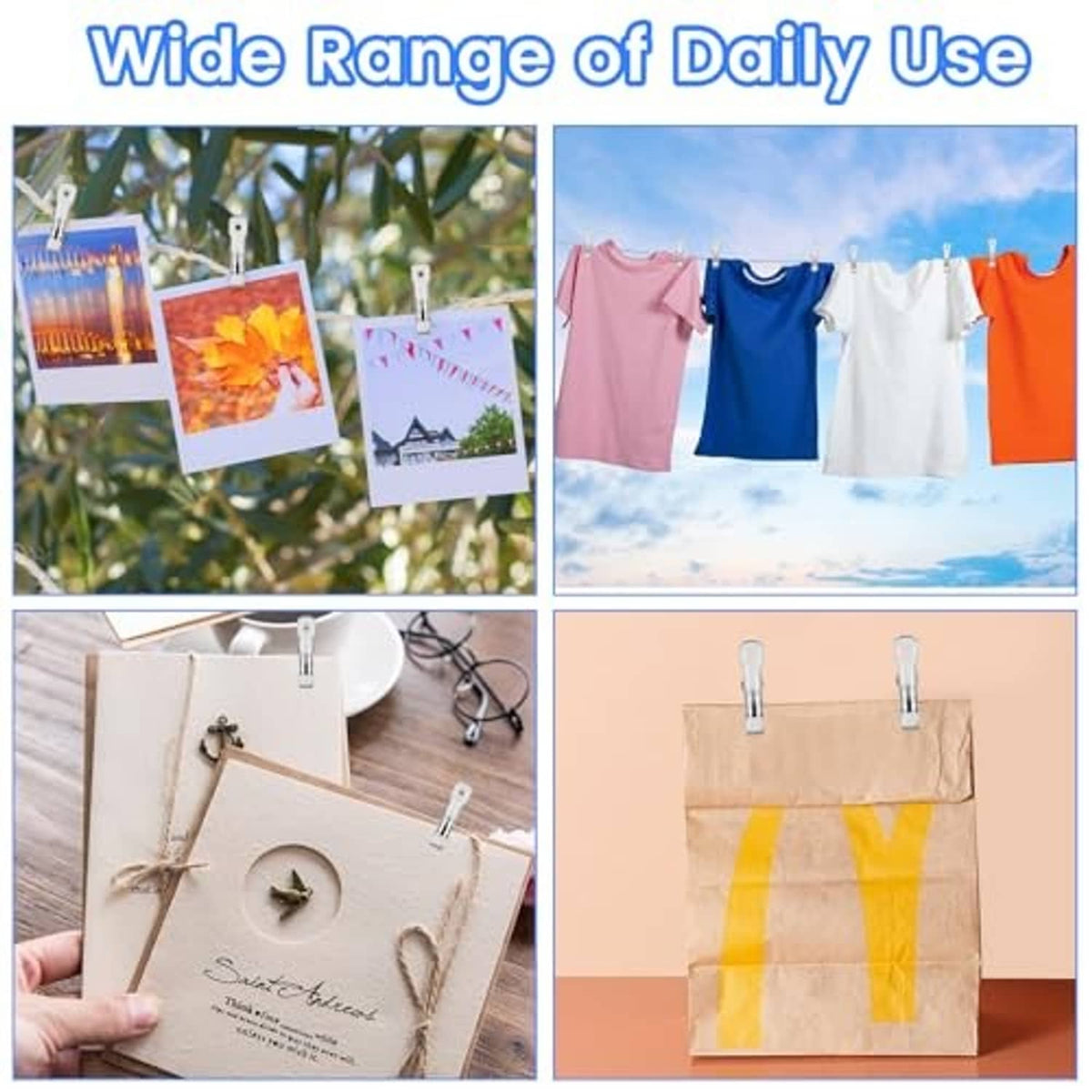 Clothespin-style stainless clips for hanging items, set of multiple clamps