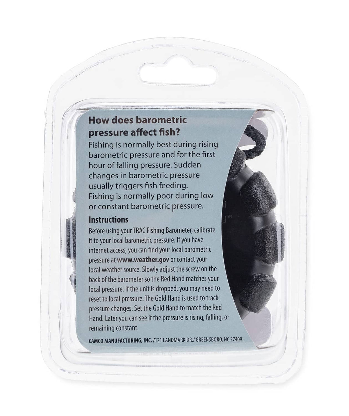 Fishing barometer blister pack back with barometric pressure instructions text