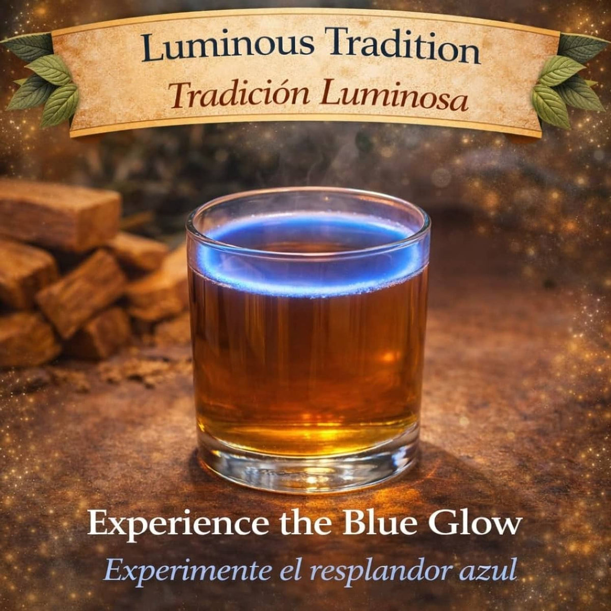Palo Azul herbal tea in a clear glass cup with blue glowing liquid