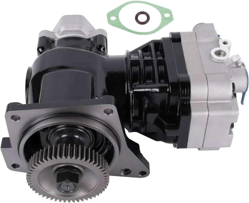 Truck air brake compressor with gear, black and silver, with mounting flange and gasket