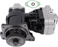 Truck air brake compressor with gear, black and silver, with mounting flange and gasket
