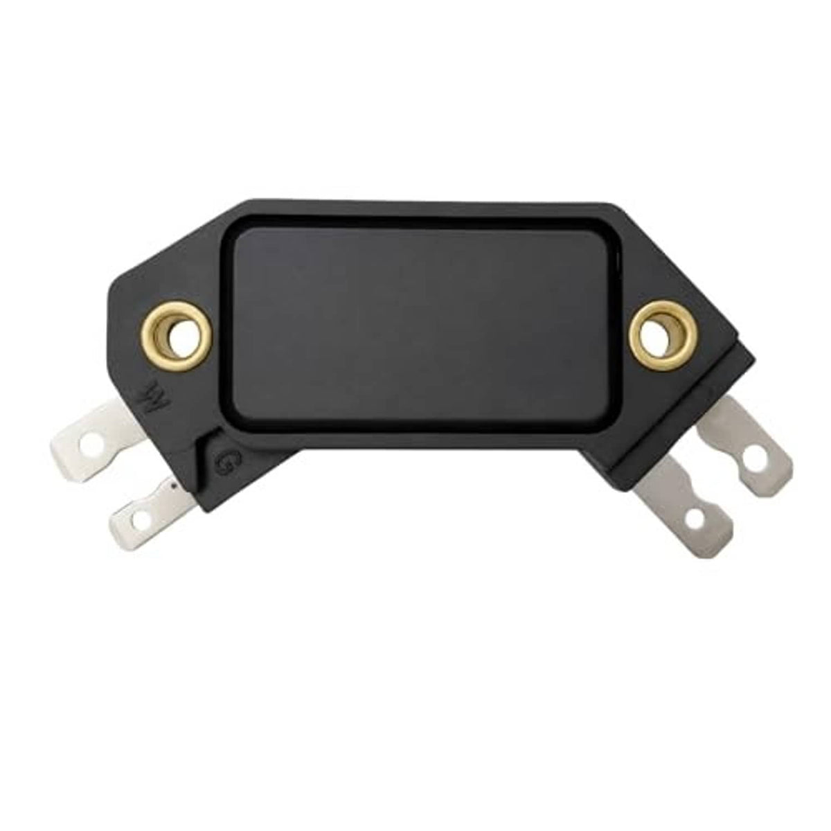Black ignition control module with mounting tabs and two gold-ring electrical posts