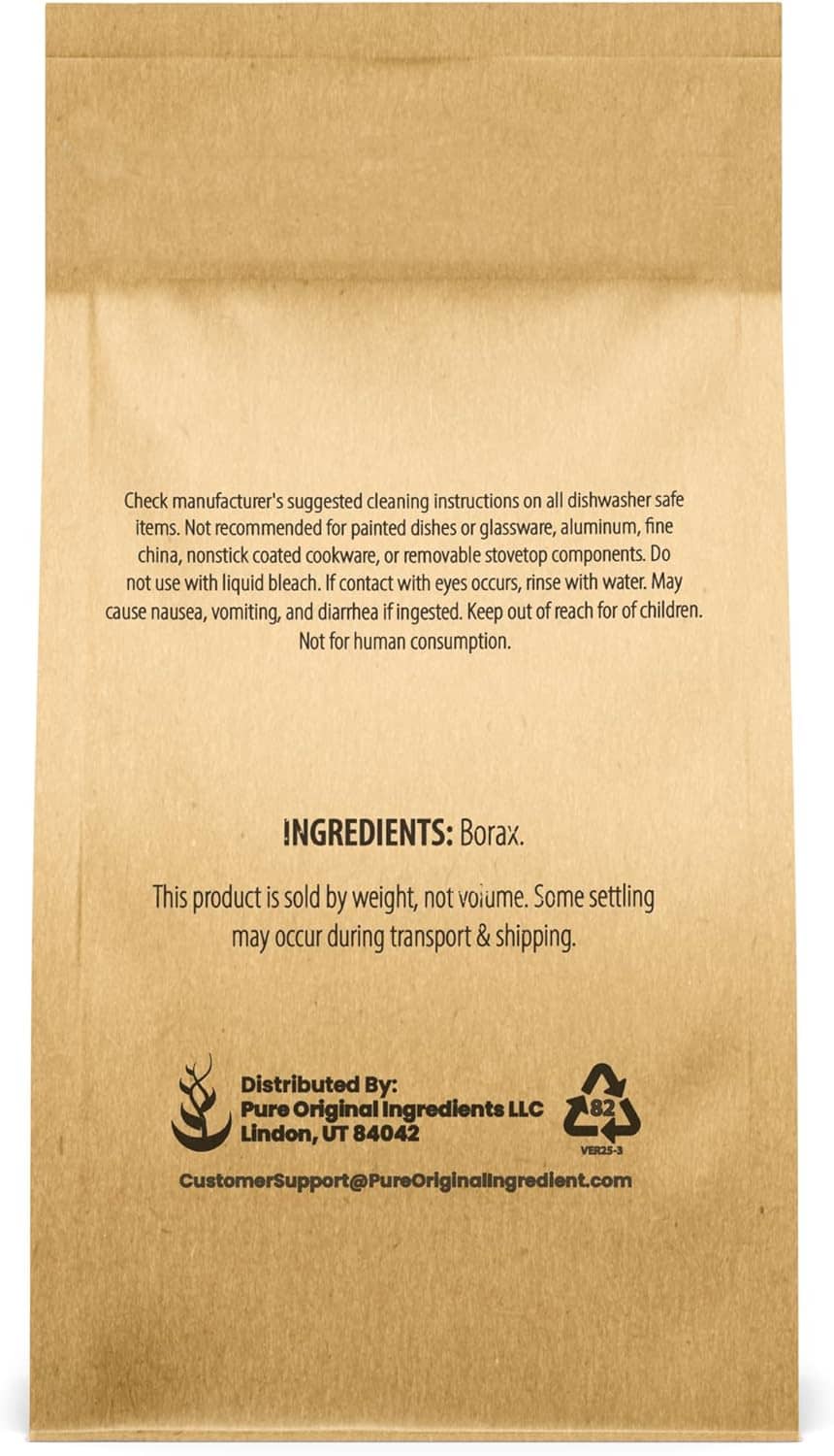 Borax powder pouch back with ingredients and distributed by Pure Original Ingredients LLC