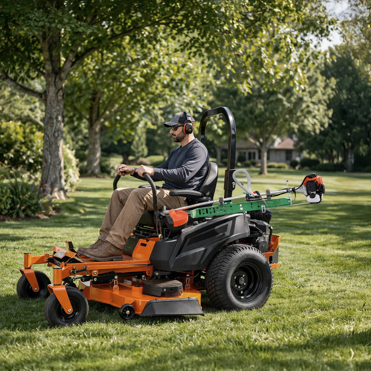 Green trimmer rack holder mounted on a zero-turn lawn mower