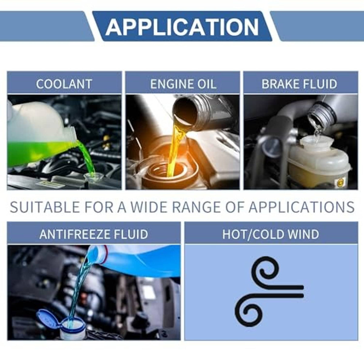 Silicone hose reducer application chart showing coolant and brake fluid compatibility panels