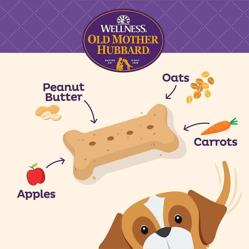 Old Mother Hubbard p’nuttier flavor graphic with peanut butter, oats, carrots, apples