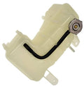 Pressurized coolant reservoir with cap, light beige tank and black hose outlet