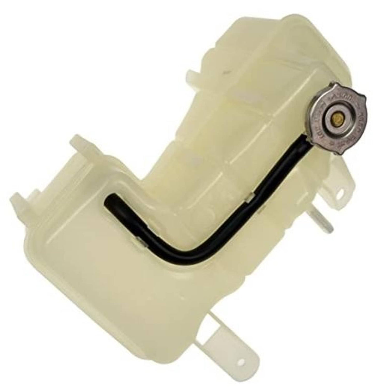 Pressurized coolant reservoir with cap, light beige tank and black hose outlet