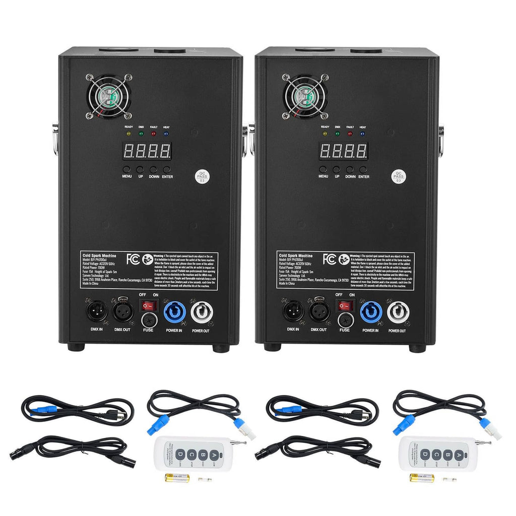 Pair of black cold spark machines with cables and wireless remote