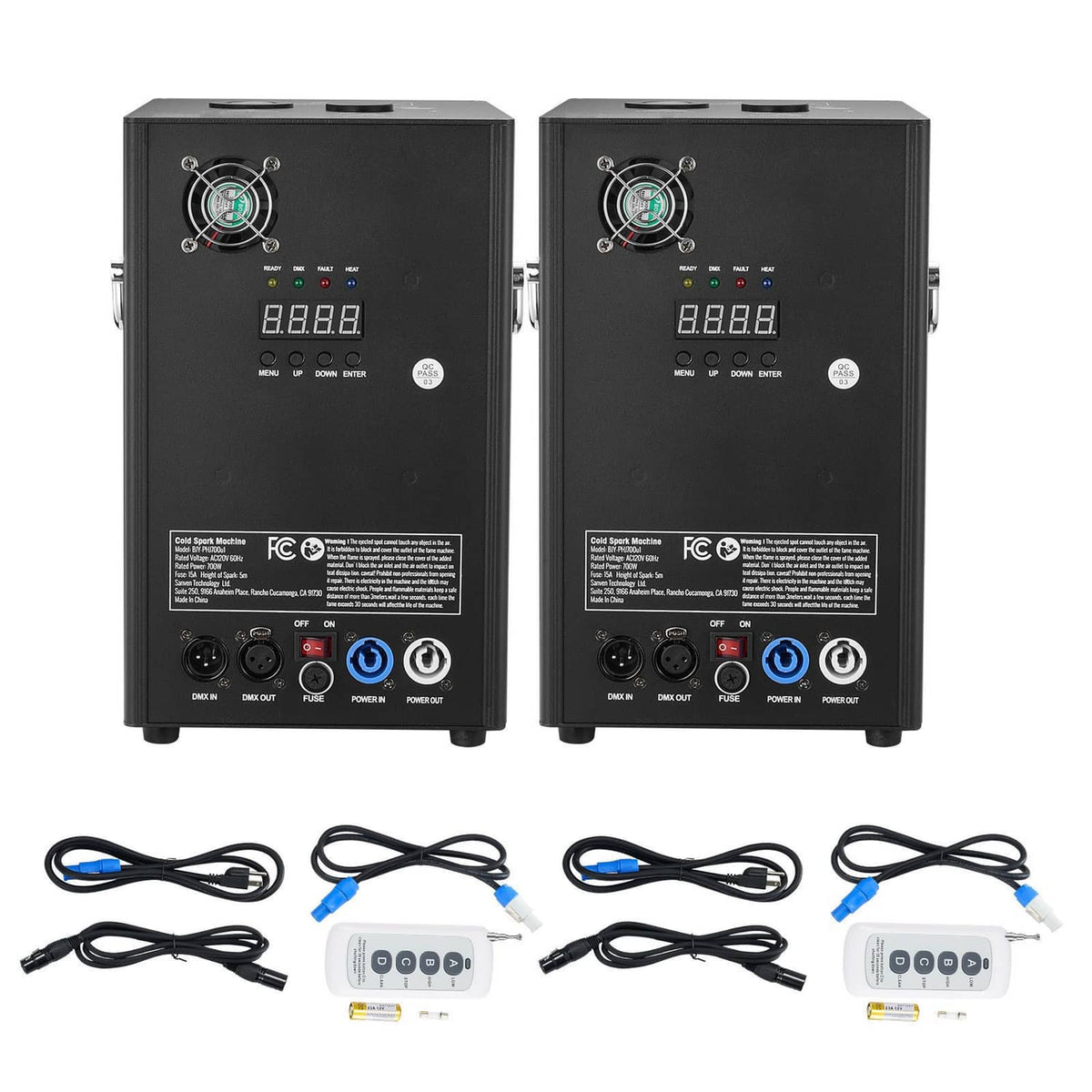 Pair of black cold spark machines with cables and wireless remote
