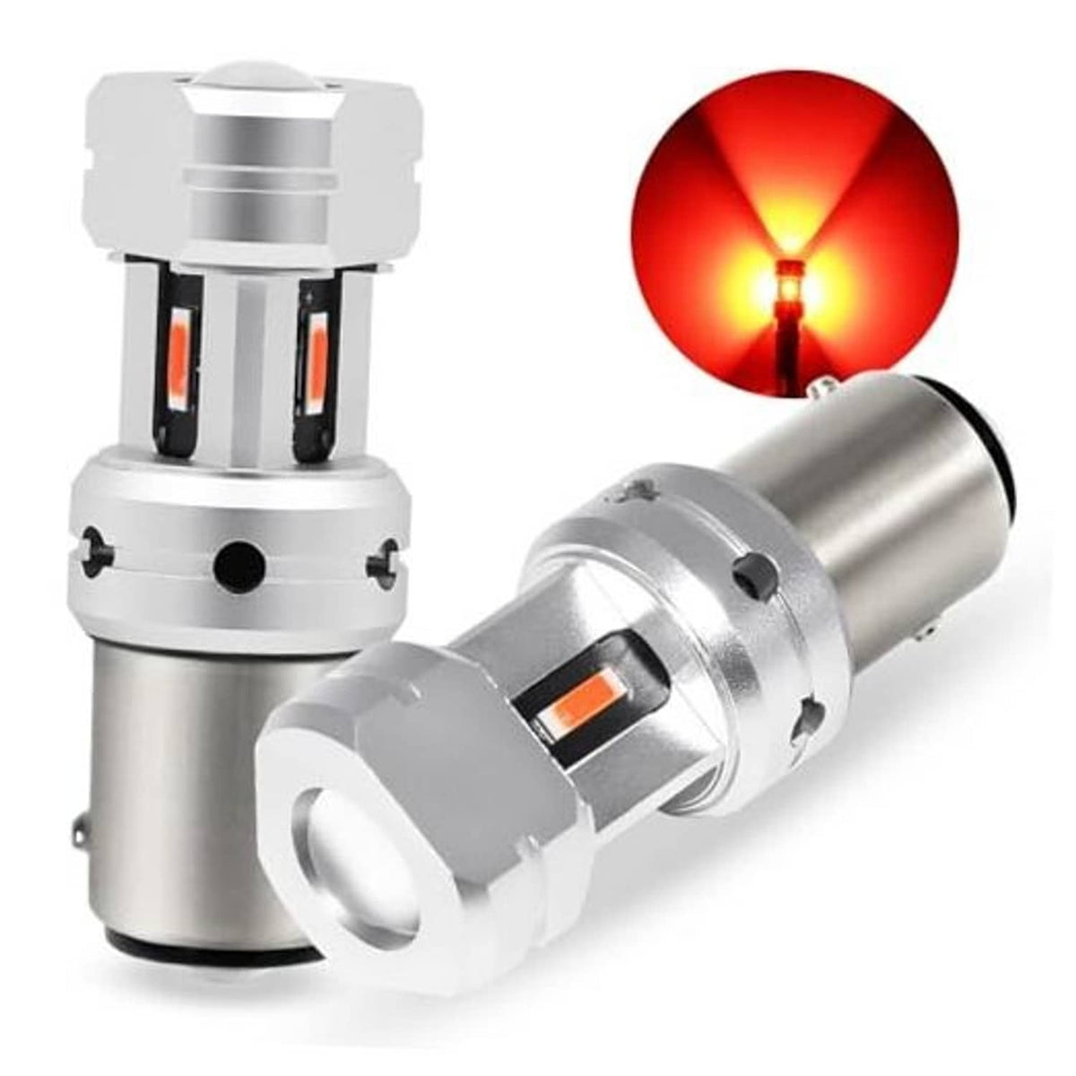 LED brake light bulbs with white aluminum housing and red glowing LED tips