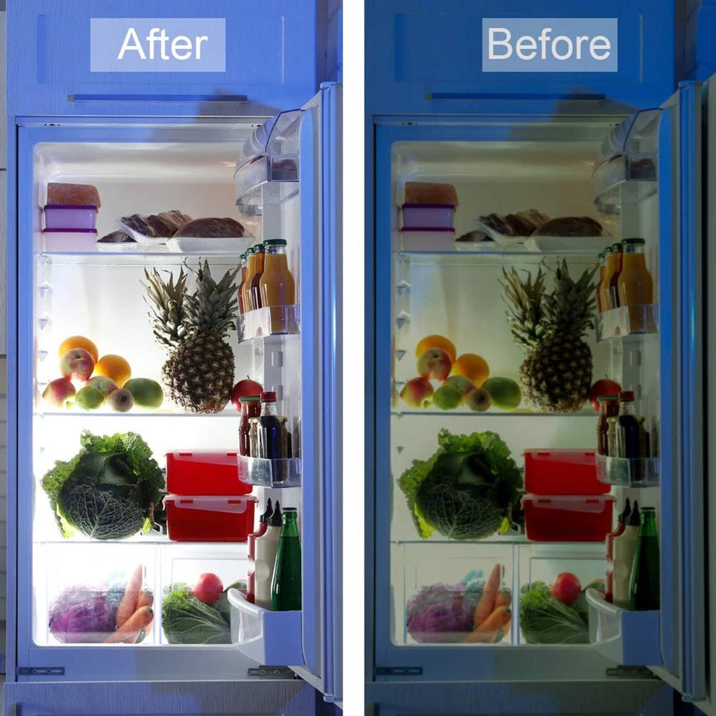 LED refrigerator light bulb before-and-after lighting in open refrigerator