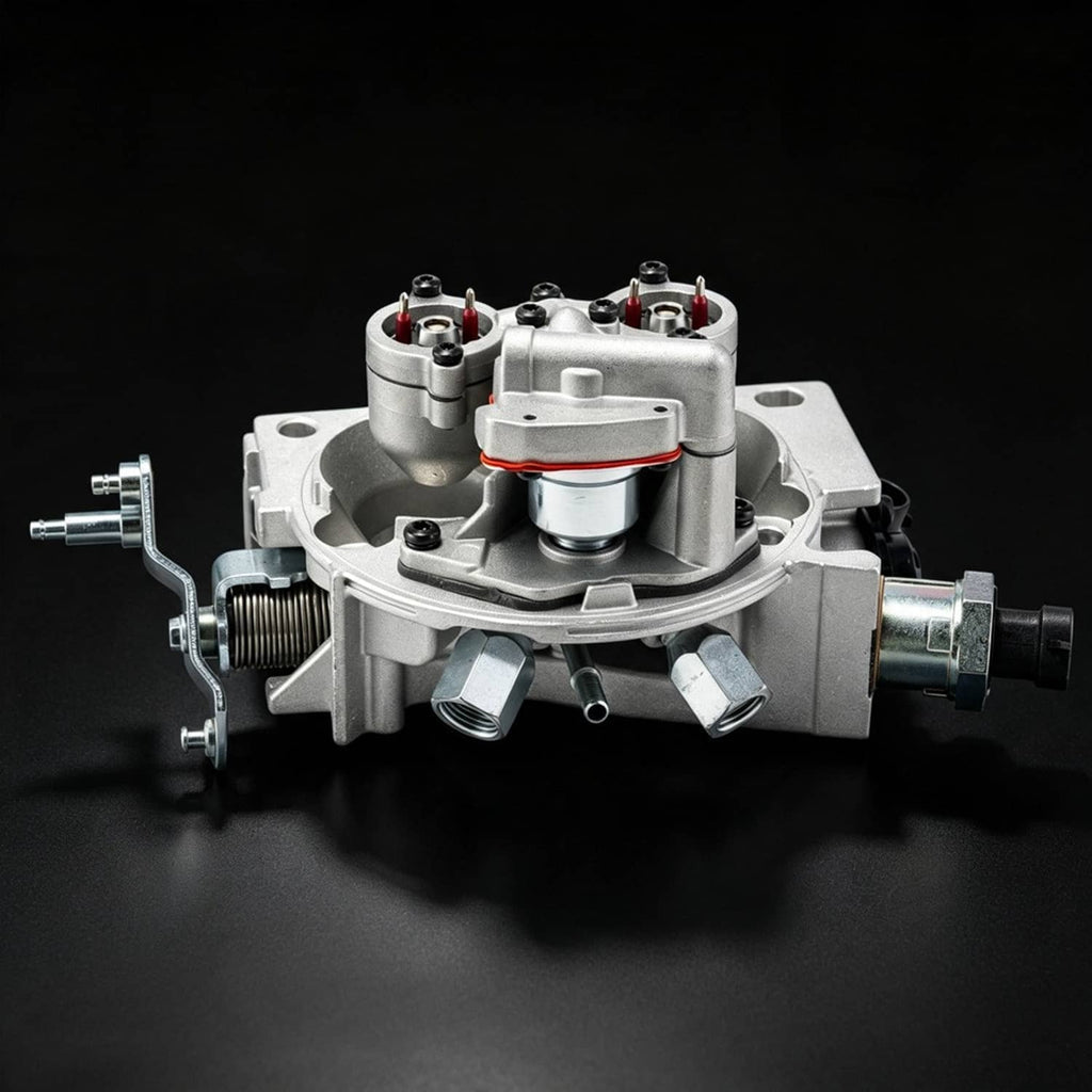 Throttle body assembly centered view with actuator housing, side fittings, and mounting ears