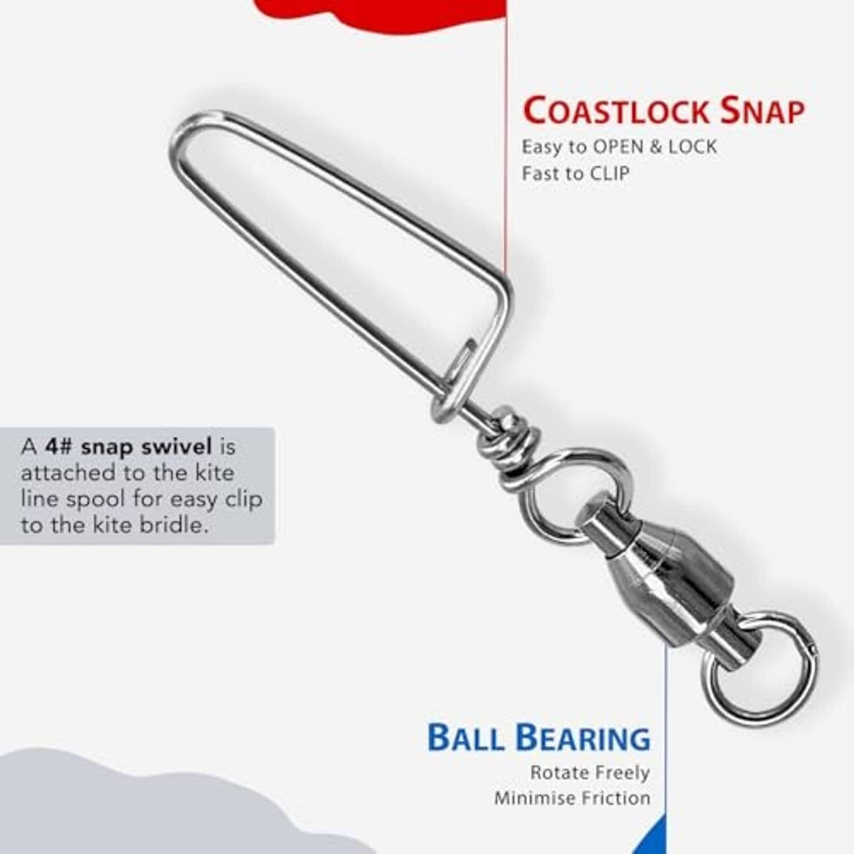 Coastlock snap swivel hardware with ball bearing for attaching kite line spool.