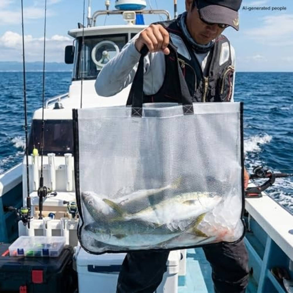 Transparent fish tote bag with black handles, filled with fish.