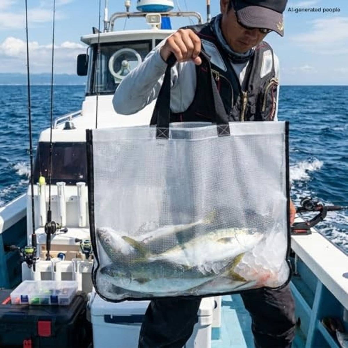 Transparent fish tote bag with black handles, filled with fish.