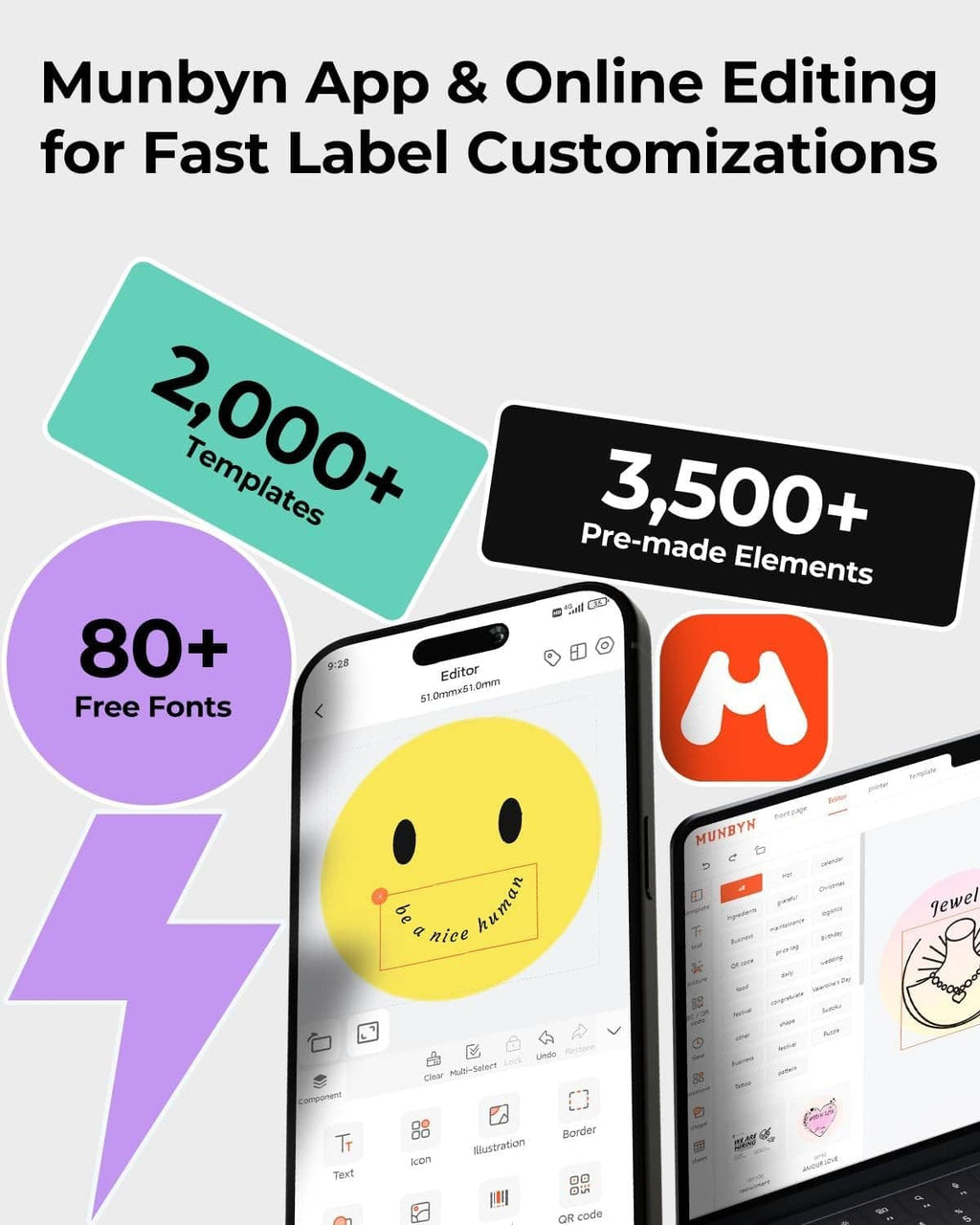 MUNBYN mobile label editing app on phone with matching thermal label printer