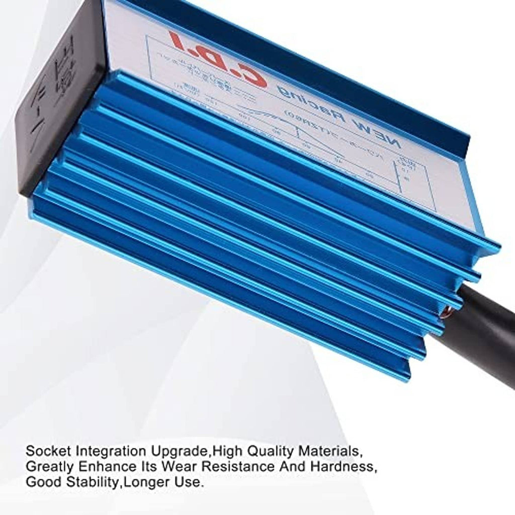 Blue CDI ignition box with label and black wire, angled close-up