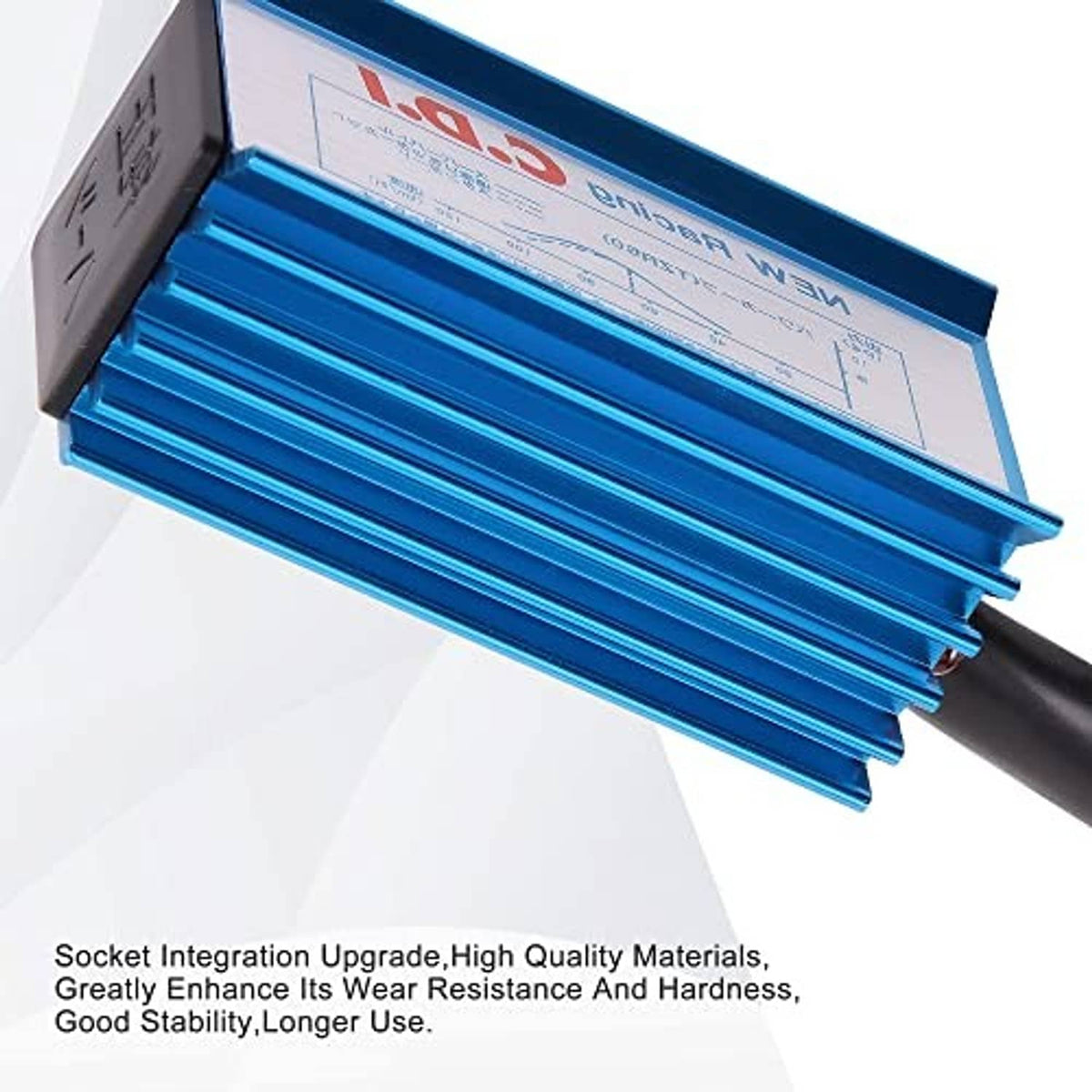 Blue CDI ignition box with label and black wire, angled close-up