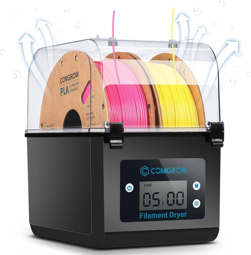 Filament dryer box with two filament spools, clear top, and digital time display