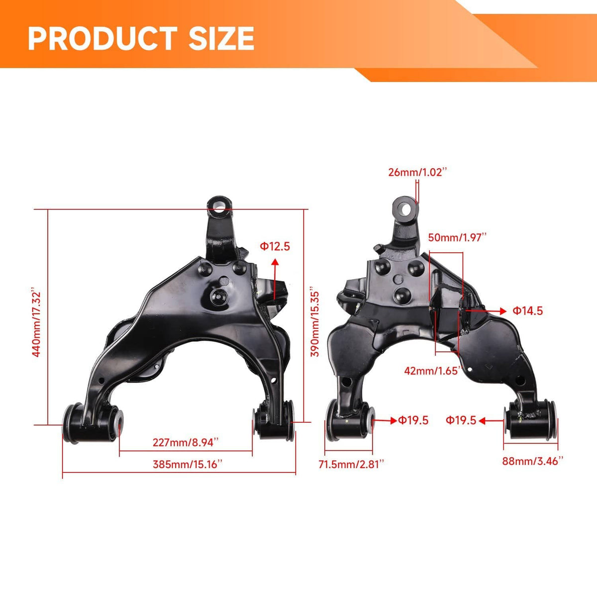 Front lower control arm assembly size diagram with labeled measurements and mounting points