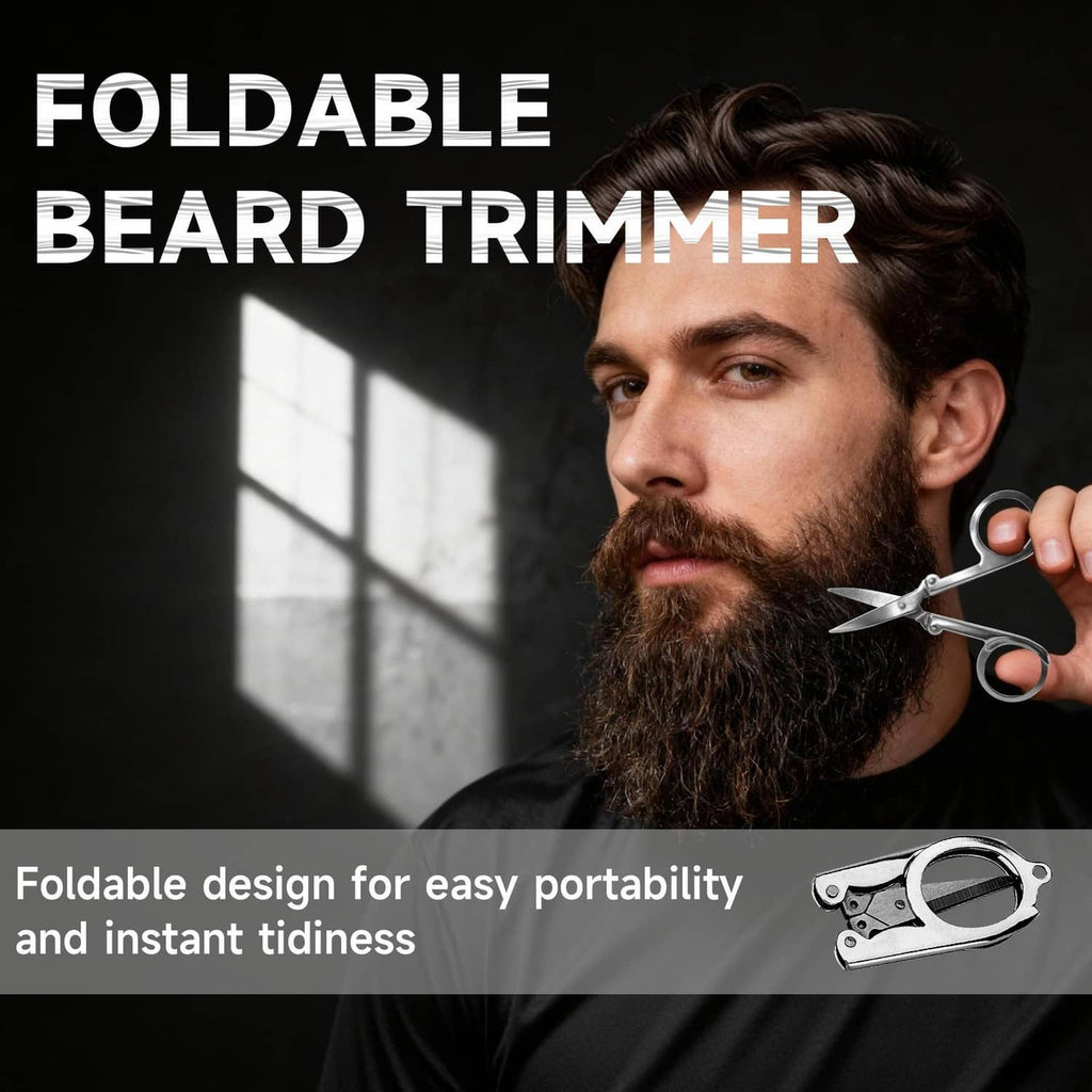 Foldable beard trimmer with metal blades and ring grip handles