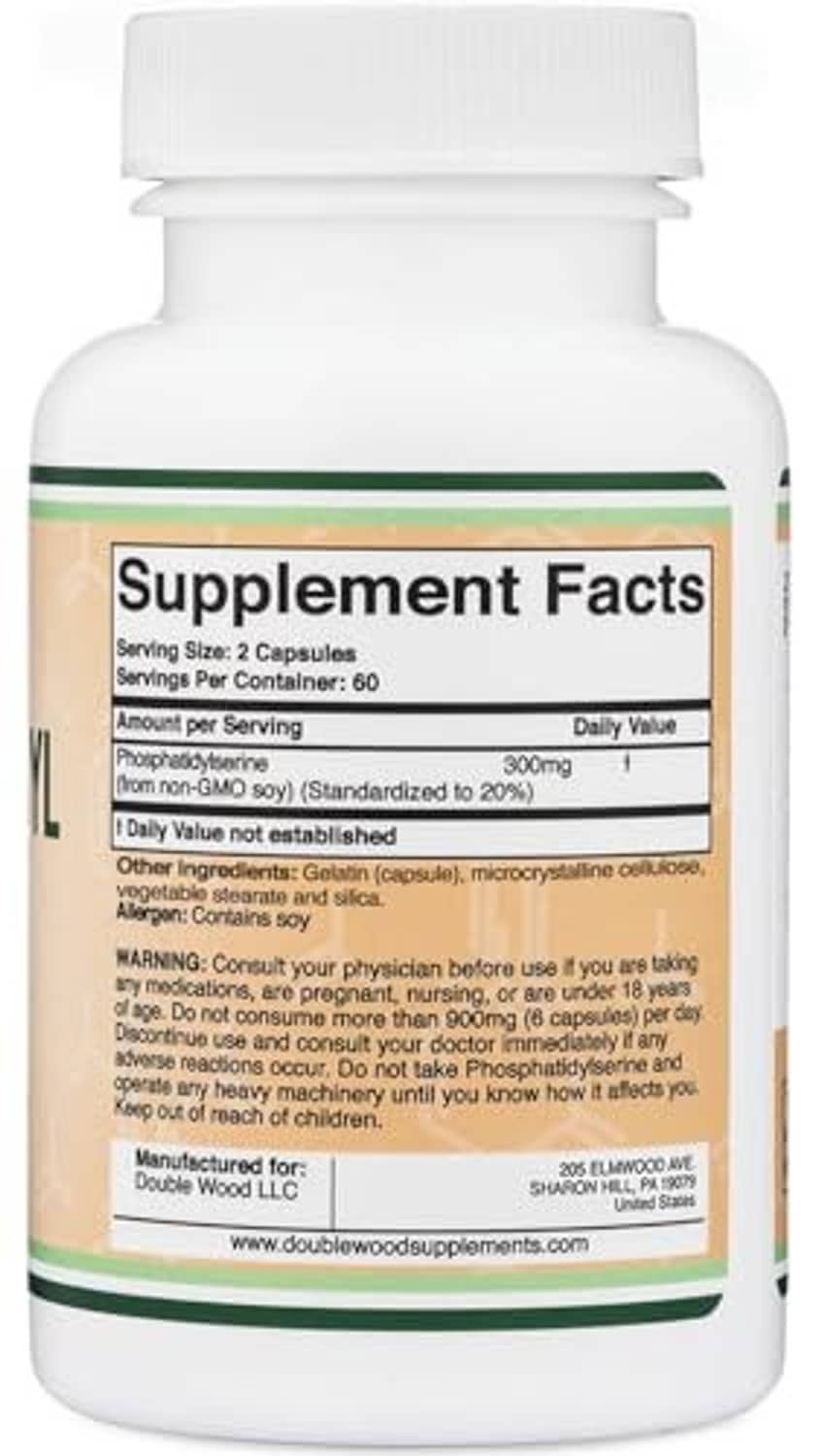 Phosphatidylserine Supplement Facts on bottle label, includes suggested use and ingredients