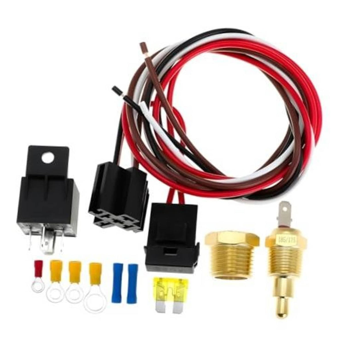 Automotive cooling fan relay kit with red wire harness, connectors, and gold switches