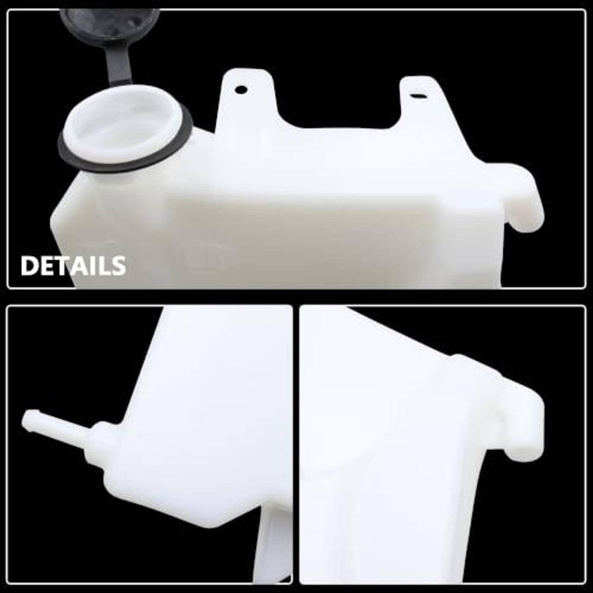 White coolant reservoir showing cap opening and mounting features