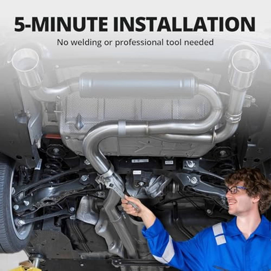 Exhaust clamp installed on vehicle exhaust pipe, technician tightening the bolt