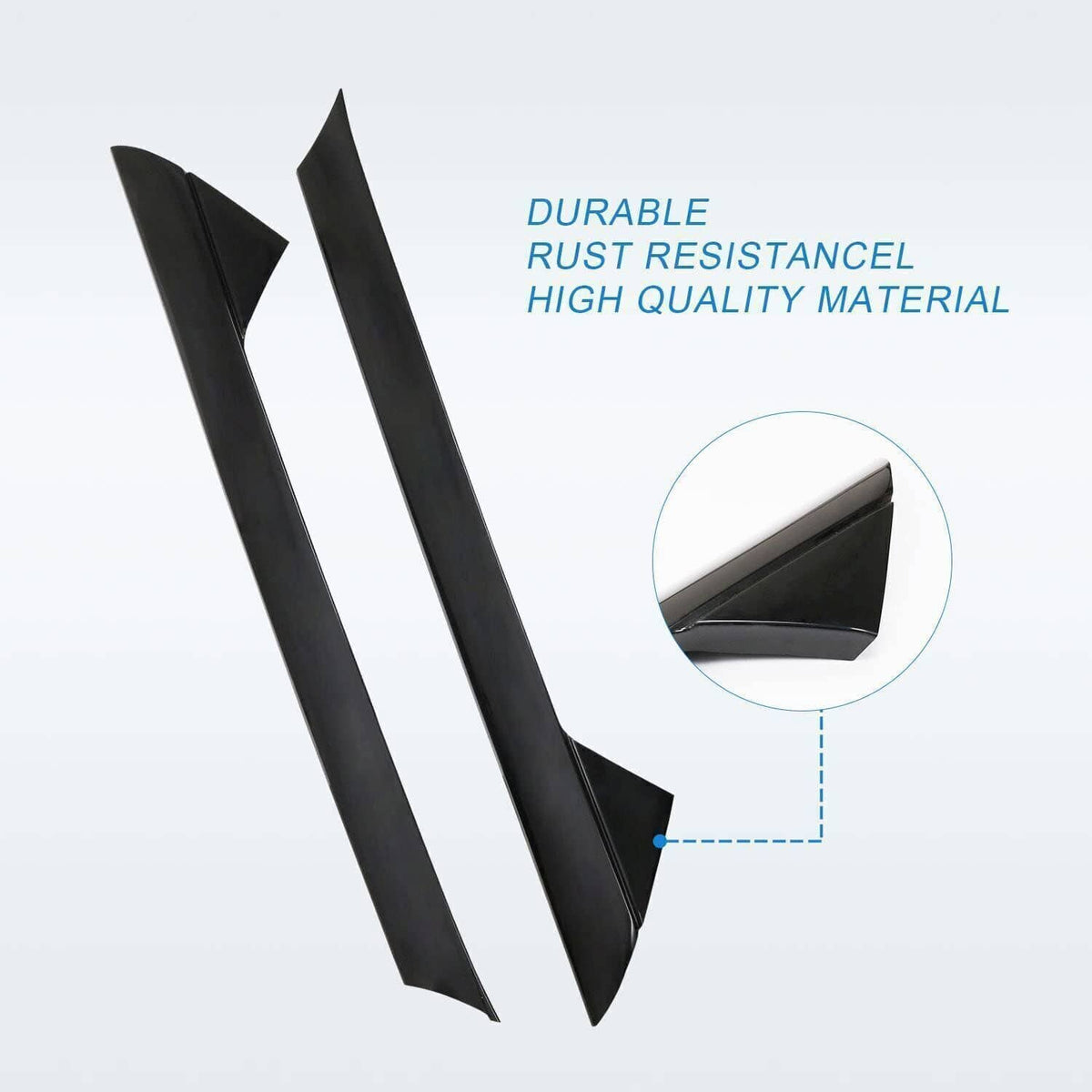 Black A-pillar windshield molding trim pair with close-up edge detail