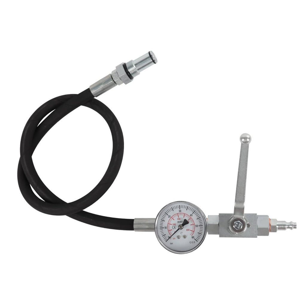 IPR air test pressure gauge with black hose and metal fittings