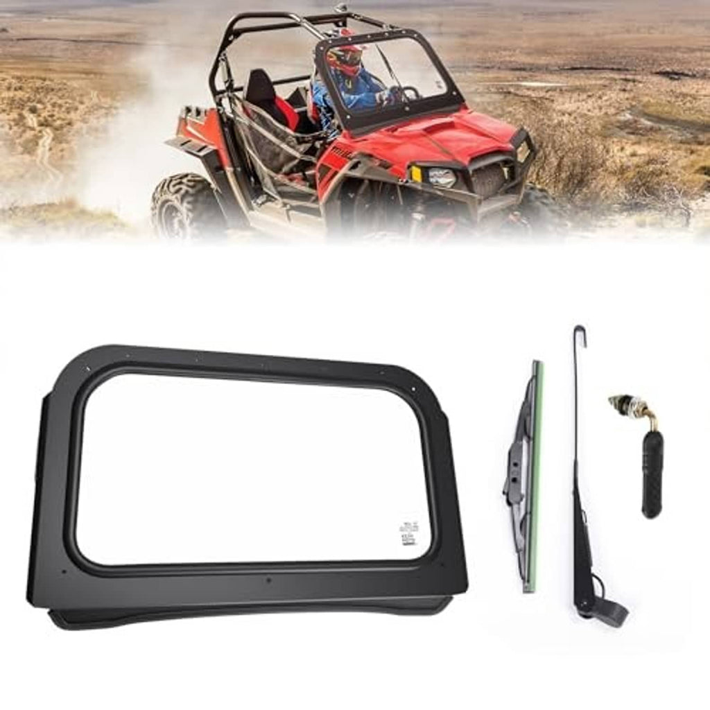 Clear front windshield with black border, plus side mount brackets and hardware kit.
