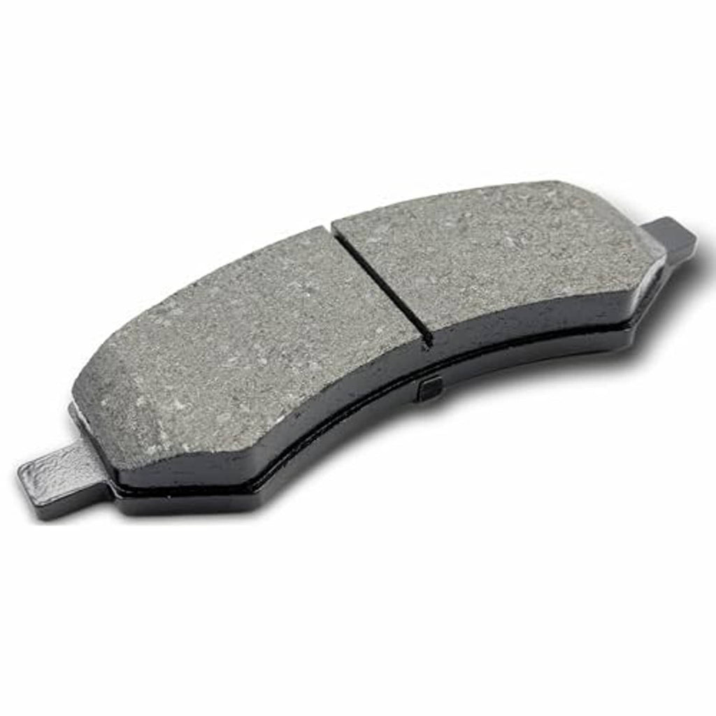 Ceramic brake pad, grey friction face with center seam and metal mounting clip
