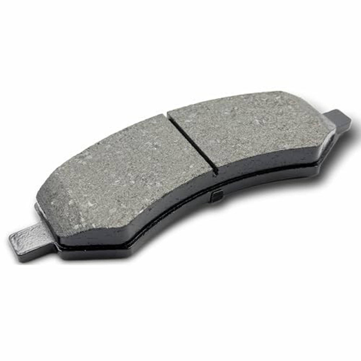 Ceramic brake pad, grey friction face with center seam and metal mounting clip