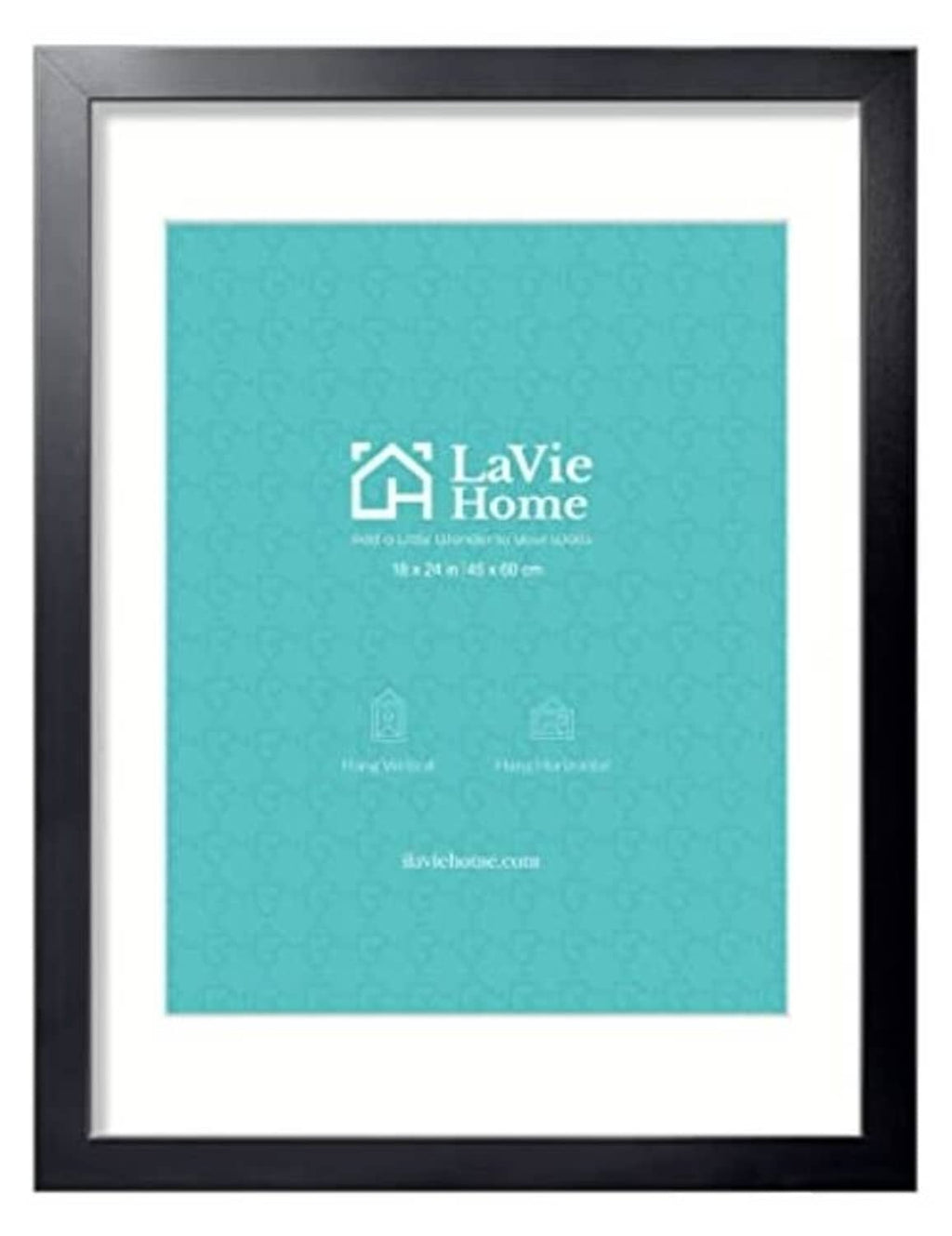 Black picture frame with white mat, holding turquoise poster artwork