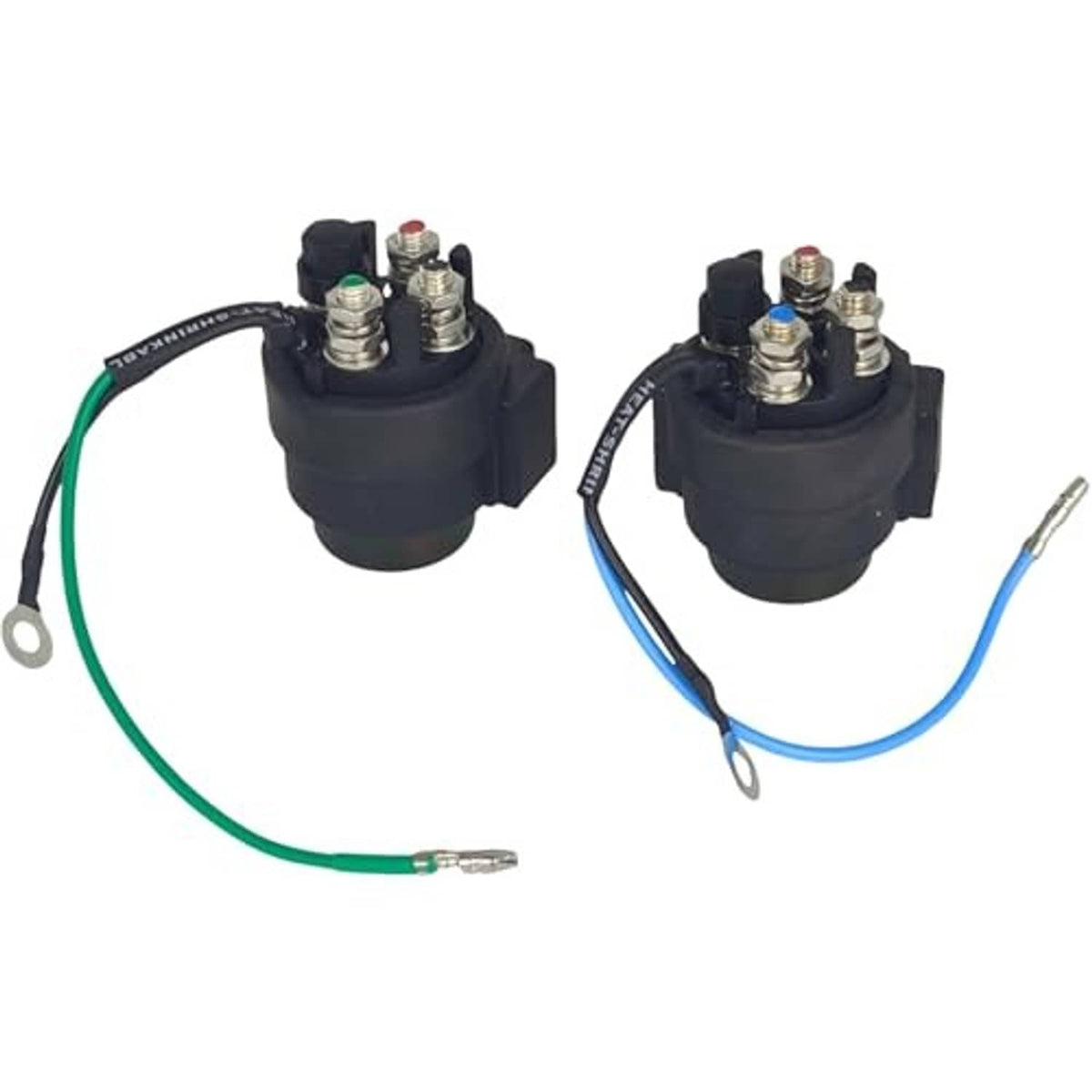 Power trim relay set with two black terminal housings and green and blue insulated leads