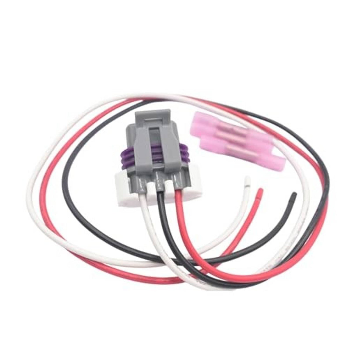 Wiring harness with gray connector and red/black/white wires plus pink terminal clips
