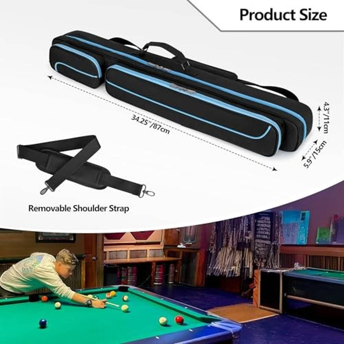 Long blue-trim pool cue case with removable shoulder strap and accessory pockets