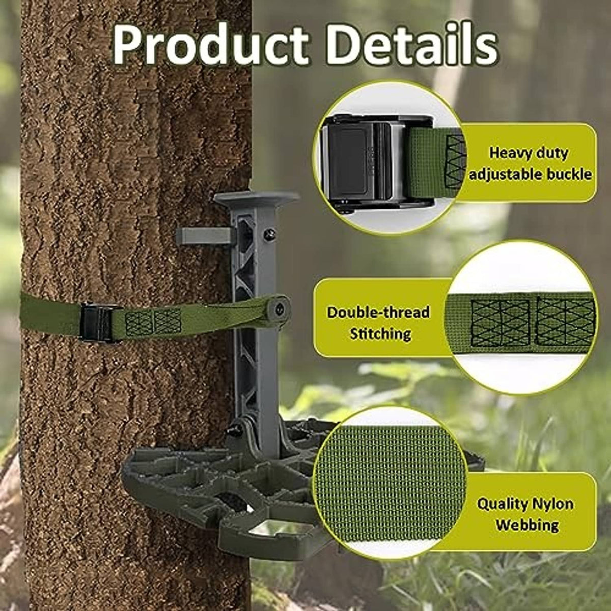Olive heavy-duty adjustable buckle strap attached to a tree stand clamp