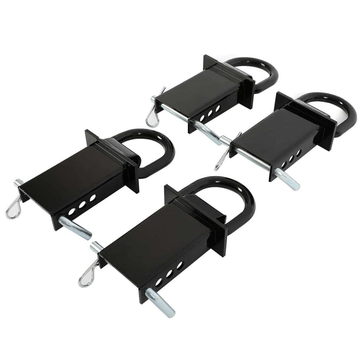 Trailer stake pocket D-ring tie-down brackets, black with D-rings and mounting pins
