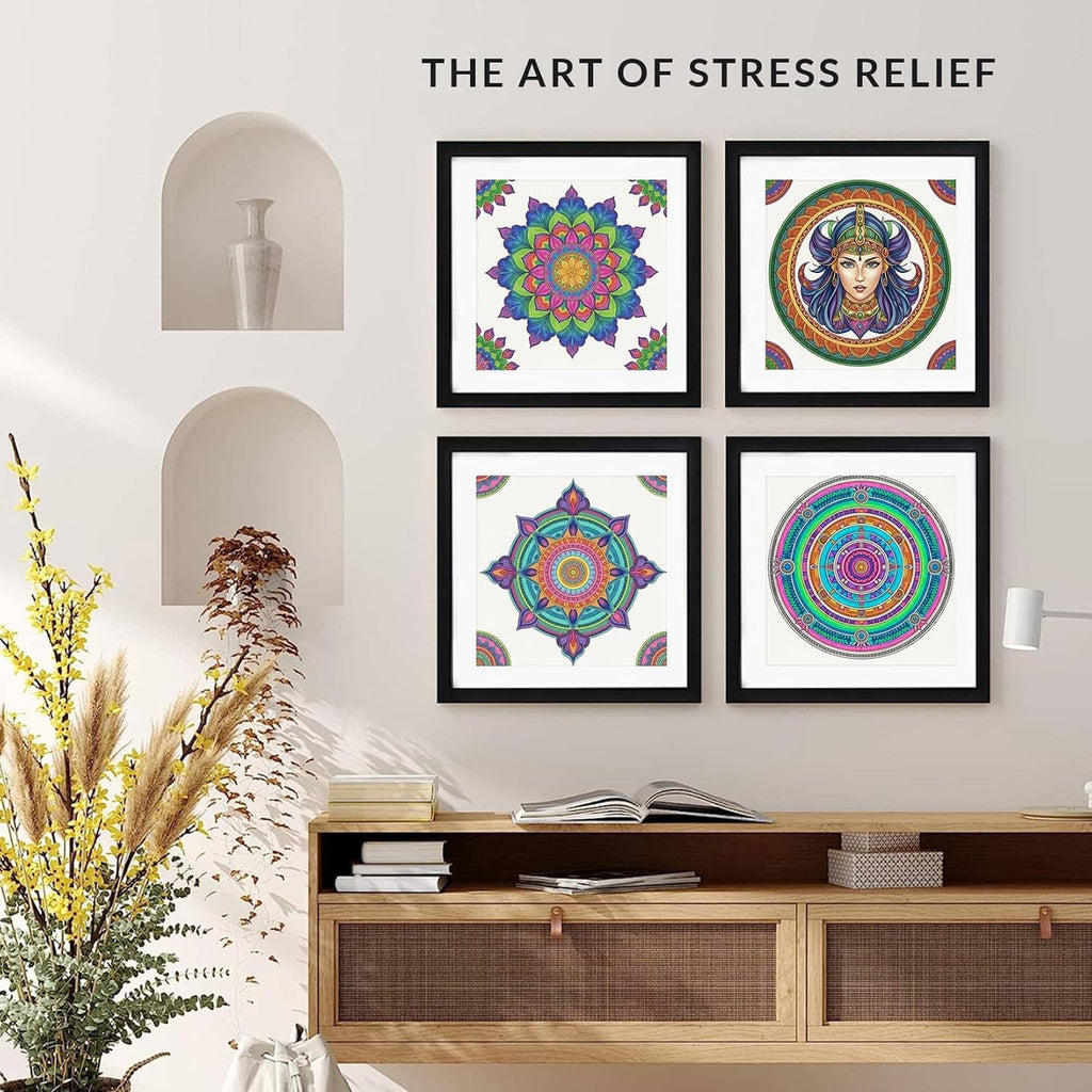 Adult mandala coloring book showing several colorful mandala page designs