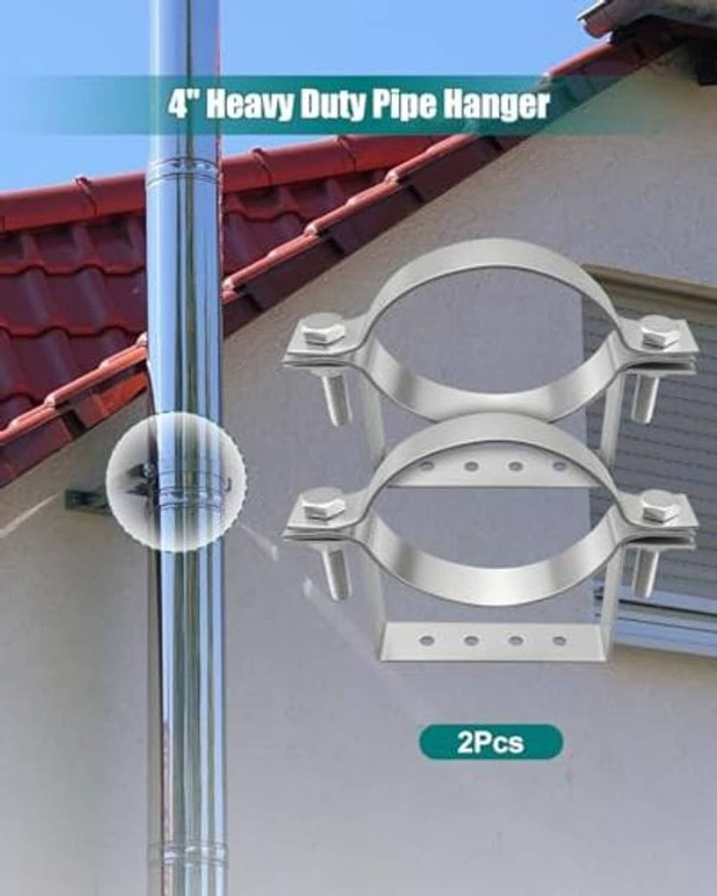 Two steel split-ring pipe hanger brackets mounted on a roof edge for vent pipes