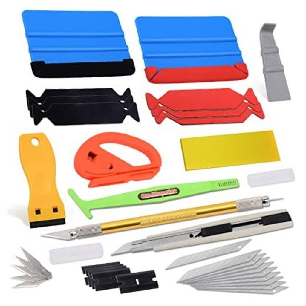 Car wrap installation tool kit with blue, red, yellow and black squeegees, blades, felt pads