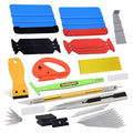 Car wrap installation tool kit with blue, red, yellow and black squeegees, blades, felt pads