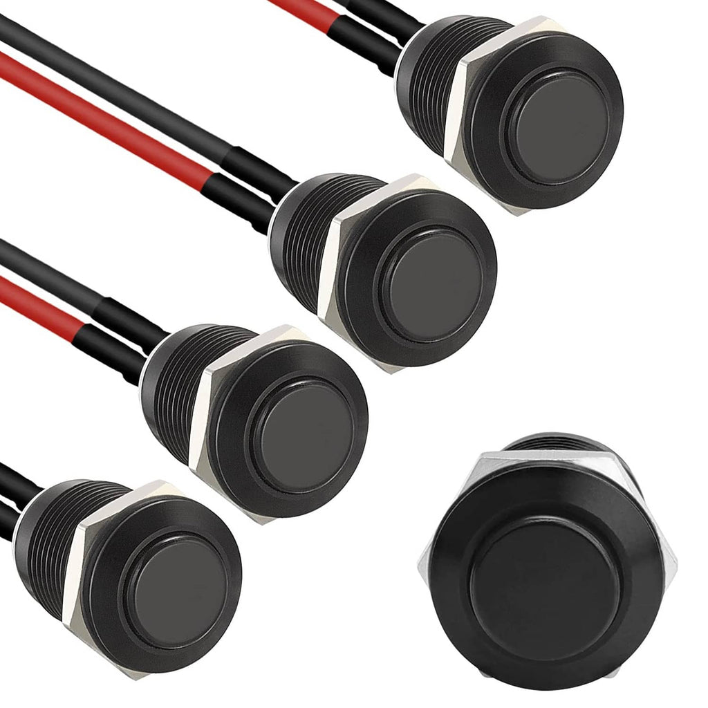 Momentary push button switch set with black round caps and red/black wires